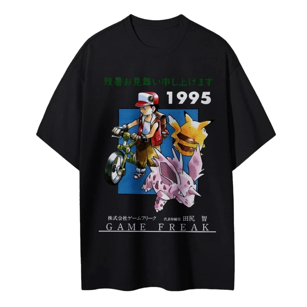 Pokemon 1995 Vintage T - Shirt Game Freak Pikachu Polygon Summer Anime Cotton Shirt Men's Casual Wear Japanese Retro Design