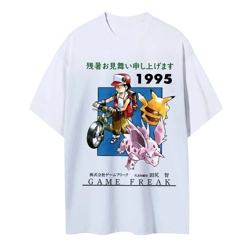 Pokemon 1995 Vintage T - Shirt Game Freak Pikachu Polygon Summer Anime Cotton Shirt Men's Casual Wear Japanese Retro Design