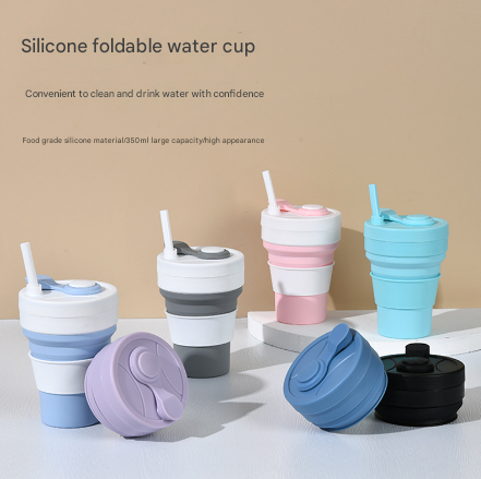 2 Pcs White and Blue 350ml Collapsible Silicone Travel Cup - Portable, Leak-Proof & Food-Grade Drinking Mug with Lid, Insulating Sleeve & Straw