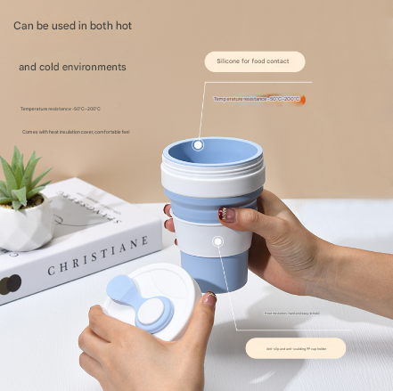 2 Pcs White and Blue 350ml Collapsible Silicone Travel Cup - Portable, Leak-Proof & Food-Grade Drinking Mug with Lid, Insulating Sleeve & Straw